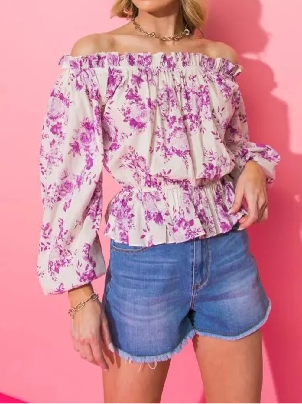 Flying Tomato White Purple Floral Off The Shoulder Smocked 100% Top